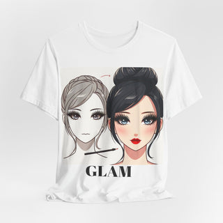 Glam & Gains Graphic Tee — Front 'GLAM' Makeup Art, Back 'GAINS' Female Bodybuilder Illustration