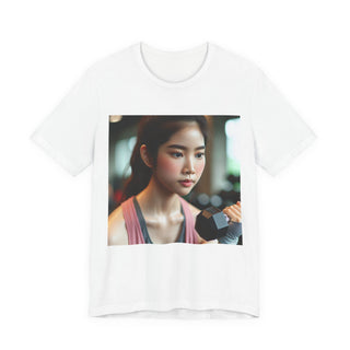 Barbels & Blush Fitness Tee — Women's Gym T‑Shirt with Dumbbell Photo