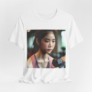 Barbels & Blush Fitness Tee — Women's Gym T‑Shirt with Dumbbell Photo