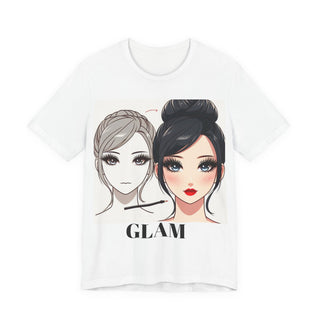 Glam & Gains Graphic Tee — Front 'GLAM' Makeup Art, Back 'GAINS' Female Bodybuilder Illustration