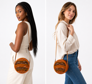 Round orange and black woven handbag with sequins