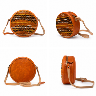 Round orange and black woven handbag with sequins