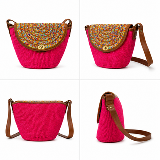 Woven Vibrant pink handbag with a rounded, colorful beaded flap
