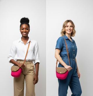Woven Vibrant pink handbag with a rounded, colorful beaded flap