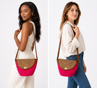 Woven Vibrant pink handbag with a rounded, colorful beaded flap