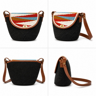 Woven black handbag adorned with colorful beads flap