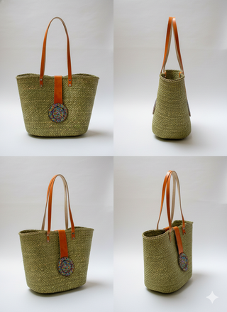 Woven Straw Kiondoo basket with two orange leather handles and a circular decorative patch featuring colorful beads on the front
