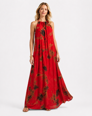 The Backless Dera Halter Maxi Dress in red Tie-Dye