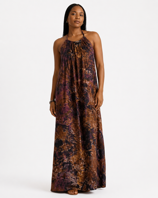 The Backless Dera Halter Maxi Dress in black and brown Tie-Dye