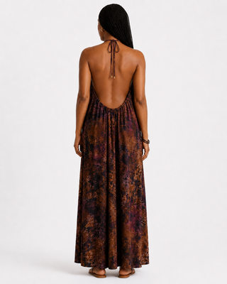 The Backless Dera Halter Maxi Dress in black and brown Tie-Dye