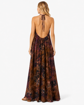 The Backless Dera Halter Maxi Dress in black and brown Tie-Dye