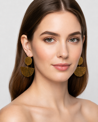 Gold-colored circular and semi-circular textured earrings