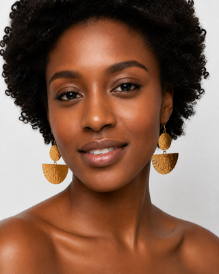 Gold-colored circular and semi-circular textured earrings