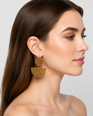 Gold-colored circular and semi-circular textured earrings