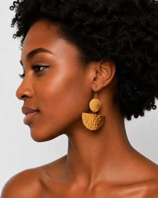 Gold-colored circular and semi-circular textured earrings