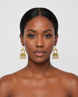 Gold comb shaped earrings with African embroidment