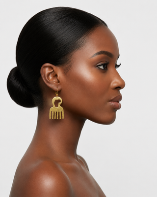 Gold comb shaped earrings with African embroidment