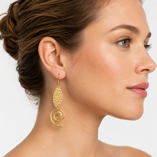 Gold filigree textured leaf shaped elegant earrings with a swirling spiral pendant
