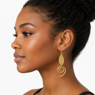 Gold filigree textured leaf shaped elegant earrings with a swirling spiral pendant