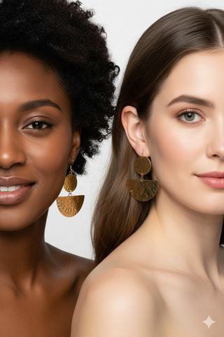 Gold-colored circular and semi-circular textured earrings