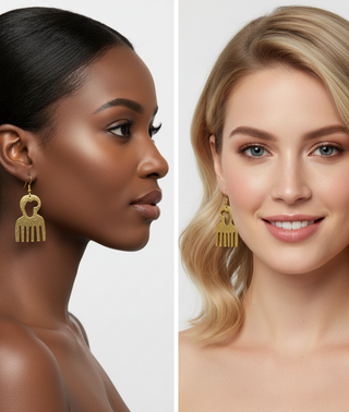 Gold comb shaped earrings with African embroidment
