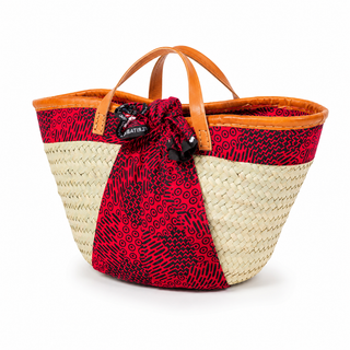 Woven straw Kiondoo basket with Red Geometric Fabric Band
