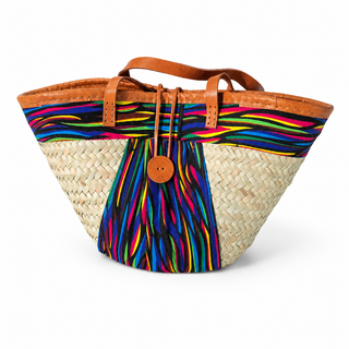 Woven straw Kiondoo basket featuring a red fabric band with a bold pattern and orange accents (Copy)