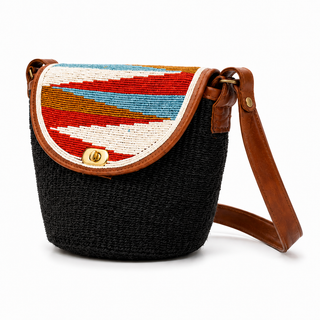 Woven black handbag adorned with colorful beads flap