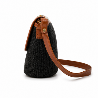 Woven black handbag adorned with colorful beads flap