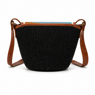 Woven black handbag adorned with colorful beads flap