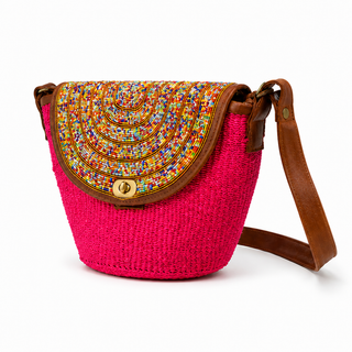 Woven Vibrant pink handbag with a rounded, colorful beaded flap