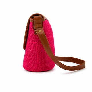 Woven Vibrant pink handbag with a rounded, colorful beaded flap
