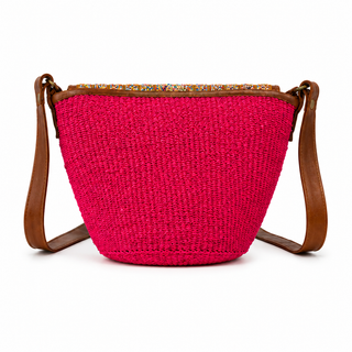 Woven Vibrant pink handbag with a rounded, colorful beaded flap