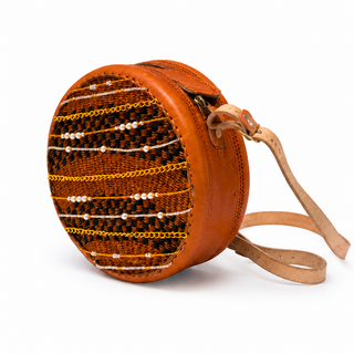 Round orange and black woven handbag with sequins