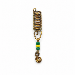 The image shows a metal spring with a loop at the top and colored beads in green, yellow, and a small dark bead near the bottom. The design suggests it could be part of jewelry or an accessory.