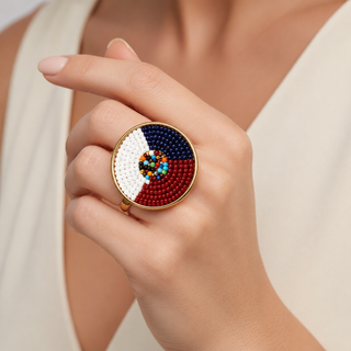 Circular gold-toned band ring with red, white, blue and various multicolored beads