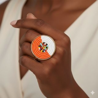 Circular gold-toned band ring with orange, white, and various multicolored beads
