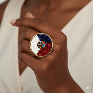 Circular gold-toned band ring with red, white, blue and various multicolored beads
