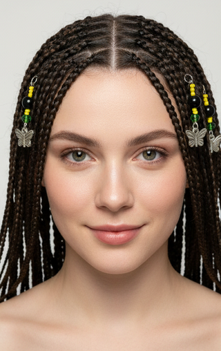 The image features a pair of earrings. Each earring consists of a silver butterfly charm hanging from a combination of colorful beads. The beads include black, green, and yellow elements, arranged in an alternating pattern above the butterfly charm. The earrings have a simple loop for attaching to the ear.