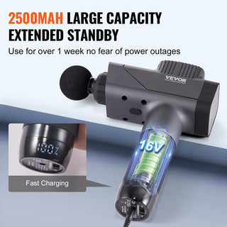 VEVOR Massage Gun Deep Tissue, Percussion Muscle Massager For Athletes - With 8 Speed Levels & 6 Massage Heads, 16V 2500mAh Batteries, Handheld  Massage Gun For Pain Relief, Muscle Relaxation.