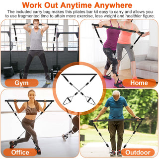 100LBS OR 180LBS Band Options - 1Pc Pilates Bar Kit Multifunctional Pilates Yoga Toning Bar Full Body Exercise Equipment Set For Beginners Intermediates Professionals 4 Elastic Resistance Bands