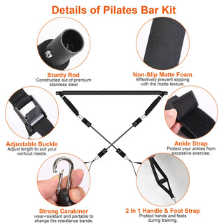 100LBS OR 180LBS Band Options - 1Pc Pilates Bar Kit Multifunctional Pilates Yoga Toning Bar Full Body Exercise Equipment Set For Beginners Intermediates Professionals 4 Elastic Resistance Bands